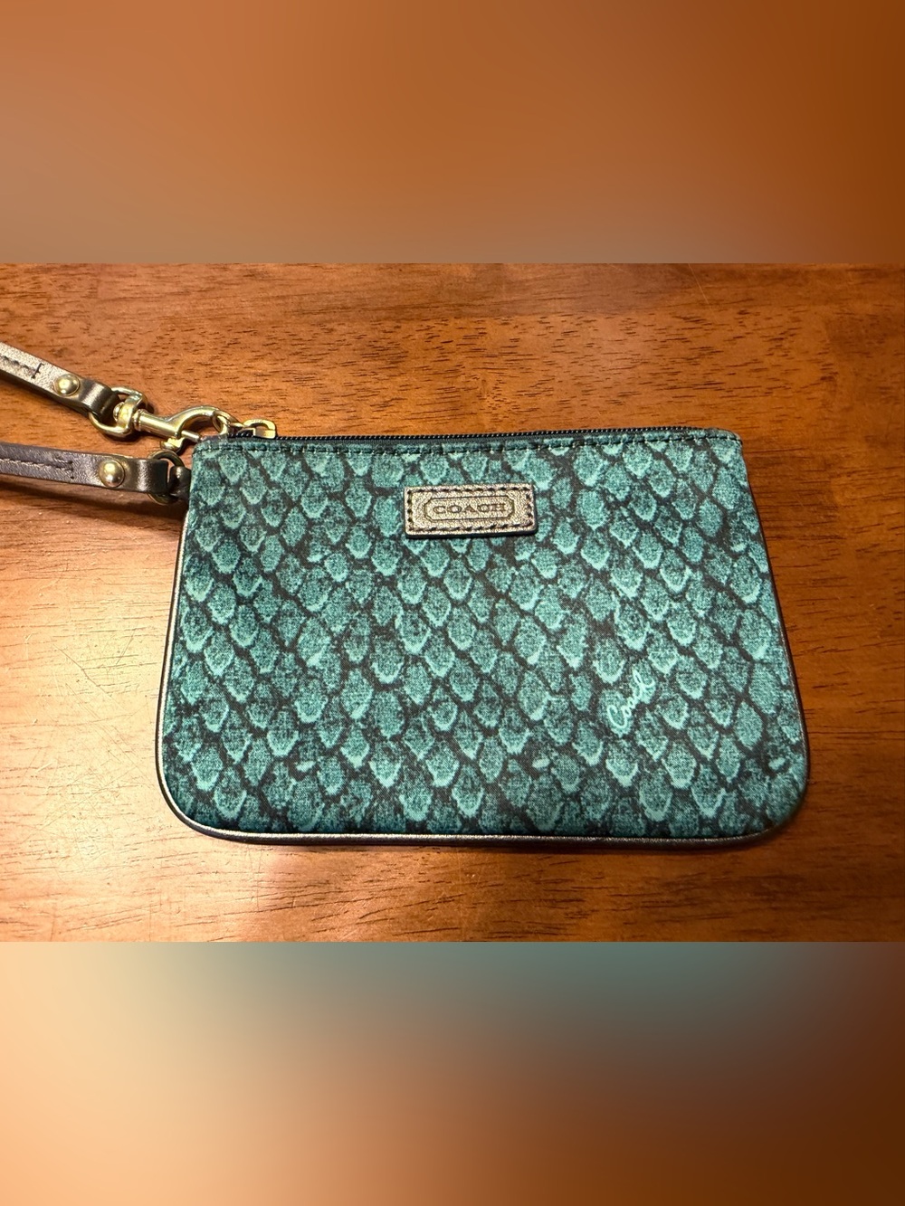 Coach Teal Snake-Print Wristlet with Shiny Taupe Strap and Logo